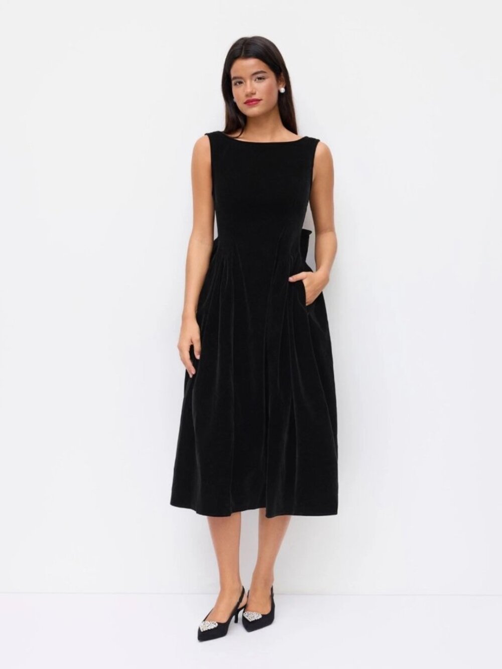Cider Black Velvet Sleeveless Backless Bow Midi Formal Dress Pockets Large 8 NEW